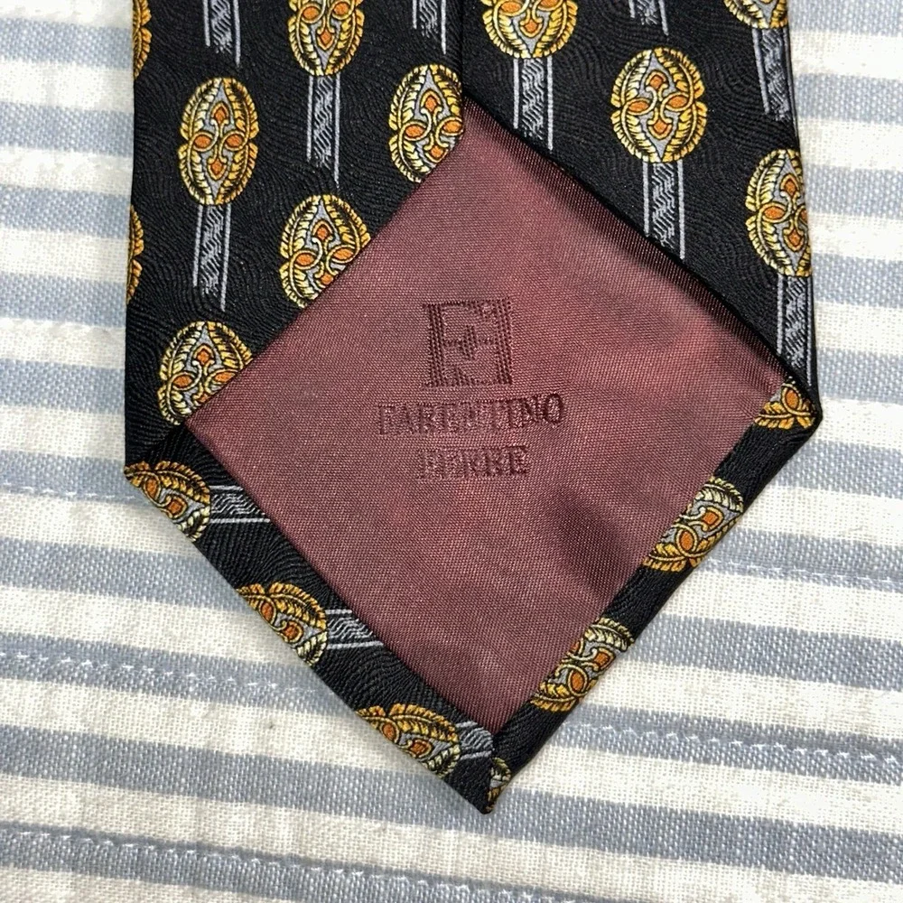 Ferrentino Ferre 100% Silk Tie Made In Italy Black Gold Geometric Luxury Necktie
